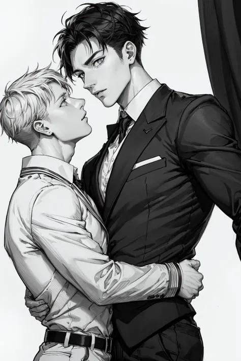 masterpiece,best quality,ultra detailed,detailed eyes,
(2boys:1.3),yaoi,black suit,perfect handsome face,(short hair:1.3),broad shoulders,narrow waist,simple background,romantic,
dramatic angle,dynamic pose,<lora:_Detail Tweaker:0.8>,Pencil Sketch,<lora:PencilMan:0.5>,
