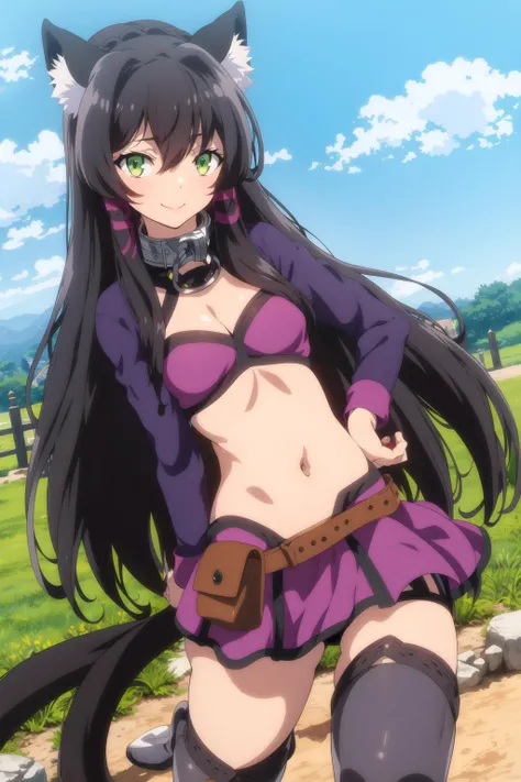 rem  <lora:rem galleu:0.8> , exposed belly, neck chain, long black hair, beautiful face, green eyes, cat ears, cat tail, standing, light  smile, knee boots, (masterpiece:1.2), best quality, absurdres, extremely detailed wallpaper, perfect lighting, cowboy shot, simple background,