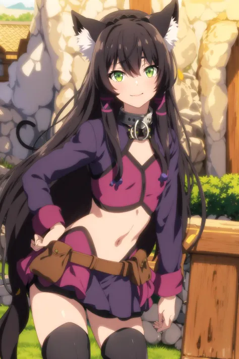 rem  <lora:rem galleu:0.8> , exposed belly, neck chain, long black hair, beautiful face, green eyes, cat ears, cat tail, standing, light  smile, knee boots, (masterpiece:1.2), best quality, absurdres, extremely detailed wallpaper, perfect lighting, cowboy shot, simple background,