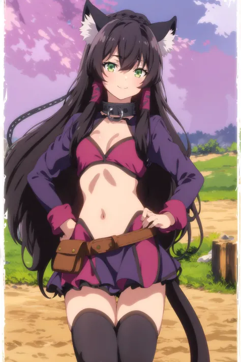 rem  <lora:rem galleu:0.8> , exposed belly, neck chain, long black hair, beautiful face, green eyes, cat ears, cat tail, standing, light  smile, thigh boots, (masterpiece:1.2), best quality, absurdres, extremely detailed wallpaper, perfect lighting, cowboy shot, simple background,