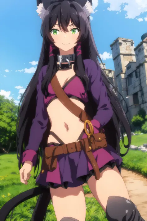 rem  <lora:rem galleu:0.8> , exposed belly, neck chain, long black hair, beautiful face, green eyes, cat ears, cat tail, standing, light  smile, knee boots, (masterpiece:1.2), best quality, absurdres, extremely detailed wallpaper, perfect lighting, cowboy shot, simple background,