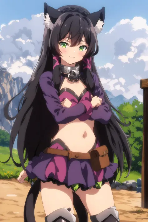 rem  <lora:rem galleu:0.8> , exposed belly, neck chain, long black hair, beautiful face, green eyes, cat ears, cat tail, standing, light  smile, knee boots, (masterpiece:1.2), best quality, absurdres, extremely detailed wallpaper, perfect lighting, cowboy shot, simple background,