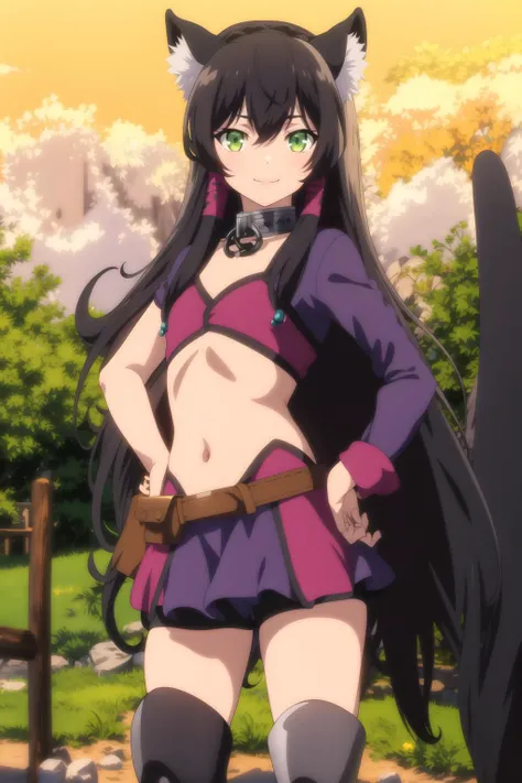 rem  <lora:rem galleu:0.8> , exposed belly, neck chain, long black hair, beautiful face, green eyes, cat ears, cat tail, standing, light  smile, knee boots, (masterpiece:1.2), best quality, absurdres, extremely detailed wallpaper, perfect lighting, cowboy shot, simple background,