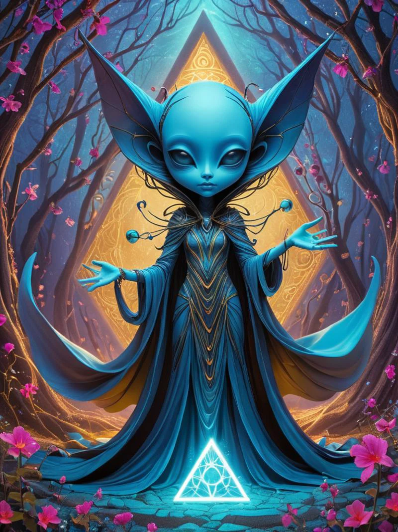 award winning photograph of a Cloaked Siren in an vibrant colored enchanted wonderland, magical, whimsical, fantasy art concept, electric blue theme, intricate details, best quality, masterpiece, ultra sharp, hyper realistic, realism <lora:artfullyNecralien_SDXL_V1:0.8> artncrln, Female big ears, magic user, geometric, hybrid, alien