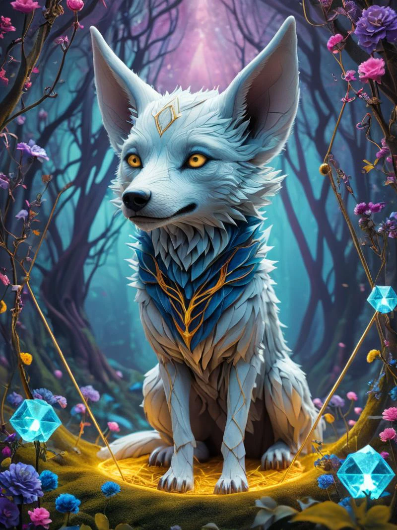 award winning photograph of a direwolf in an vibrant colored enchanted wonderland, magical, whimsical, fantasy art concept, indigo theme, intricate details, best quality, masterpiece, ultra sharp, hyper realistic, realism <lora:artfullyNecralien_SDXL_V1:0.8> artncrln, Female big ears, magic user, geometric, hybrid, alien