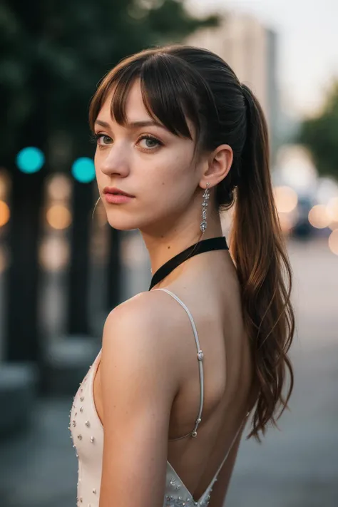(Cinematic Shot, Award Winning) E-Girls_Mansion_Mona is (skinny), (standing in harbor) (jumpsuit dress) (red-streaked-black ponytail with bangs hair) by Steve McCurry, 35mm, F/2.8, ((Photo Focus, DOF, Aperture, insanely detailed and intricate, character, hypermaximalist, beautiful, revealing, appealing, attractive, amative, hyper realistic, super detailed))(DOF, blurry background), an expression of calmness, epiCPhoto