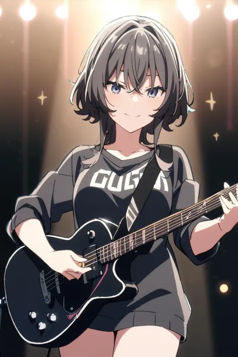 1girl, asanagi_yori, masterpiece, best quality, upper body, breast, solo, playing electric guitar, musical stage, looking at the camer, spotlight, cowboy shot, bokeh,sparkle,<lora:asanagi_yori_v1-000004:0.7>