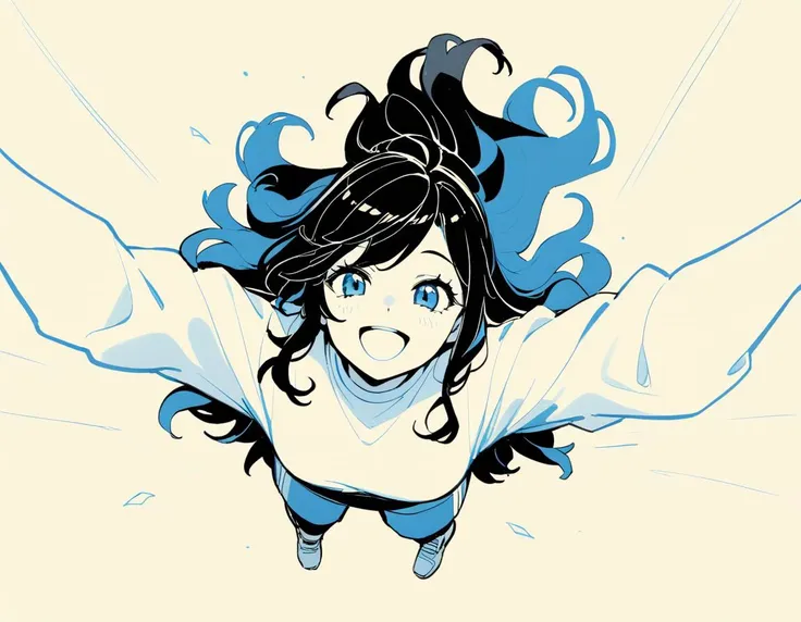 fwks,limited palette,
fullbody,smile,open mouth,open mouth,big hair,face focus,from above,wind,long hair,black hair,gym uniform,arms up,
masterpiece,best quality,<lora:fwks:1>,