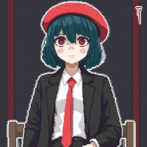 <lora:hcnone:1>, hcnone, pixel art, 1girl, black hair, chair, chopsticks, coat, hat, highres, open coat, oshiza, red eyes, red tie, solo, tie, white shirt