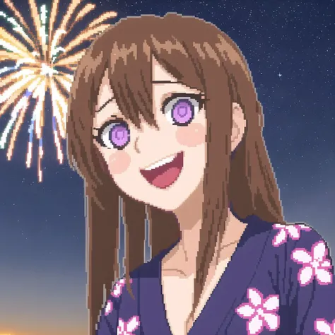 <lora:hcnone:1>, hcnone, pixel art, 1girl, :d, bangs, blush, breasts, brown hair, bucket, cleavage, clouds, cloudy sky, collarbone, eyebrows visible through hair, fingernails, fireworks, floral print, from below, hair between eyes, hair ornament, hand on own knee, highres, holding, japanese clothes, kimono, large breasts, long hair, long sleeves, looking at viewer, night, night sky, open mouth, outdoors, round teeth, sandals, senkou hanabi, sky, smile, solo, sparkler, squatting, star \(sky\), starry sky, teeth, tree, two side up, violet eyes, yukata