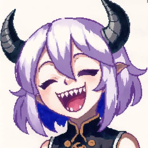 <lora:hcnone:1>, hcnone, pixel art,
1girl, arms under breasts, black horns, buttons, closed eyes, demon girl, horns, limited palette, open mouth, painting \(medium\), sharp teeth, short hair, smile, teeth, traditional media, watercolor \(medium\), white background, white hair