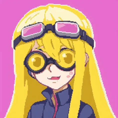 <lora:hcnone:1>, hcnone, pixel art, blush stickers, eating, goggles, goggles on head, helmet, highres, long hair, very long hair, yellow eyes