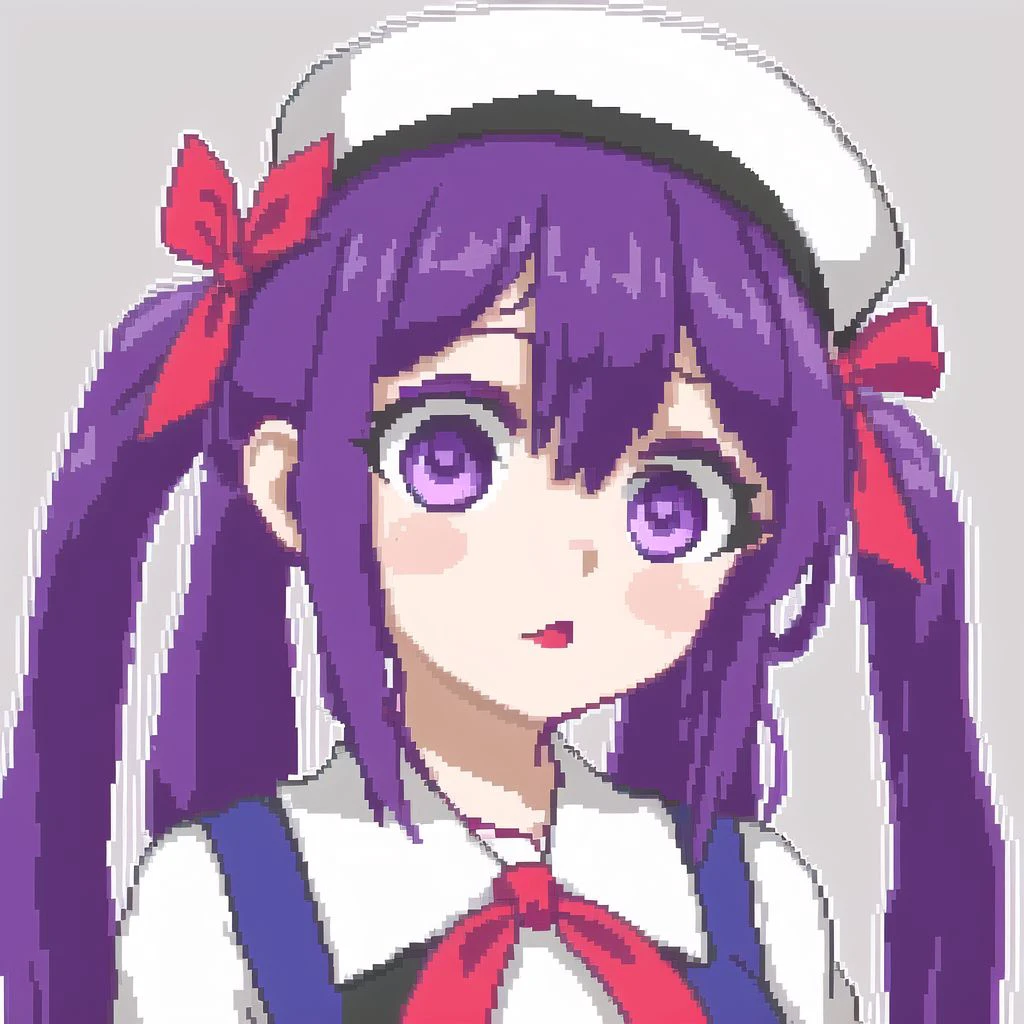 <lora:hcnone:1>, hcnone, pixel art, 1girl, alternate hairstyle, bangs, blue bow, bow, braid, breasts, capelet, crescent, crescent hair ornament, dress, eyebrows visible through hair, flying sweatdrops, grey background, hair bow, hair ornament, hat, hat ribbon, holding, holding hair, long sleeves, looking at viewer, low twintails, medium breasts, mob cap, parted lips, purple dress, purple hair, red bow, red ribbon, ribbon, simple background, solo, twin braids, twintails, v-shaped eyebrows, violet eyes, white capelet, white hat, wide sleeves