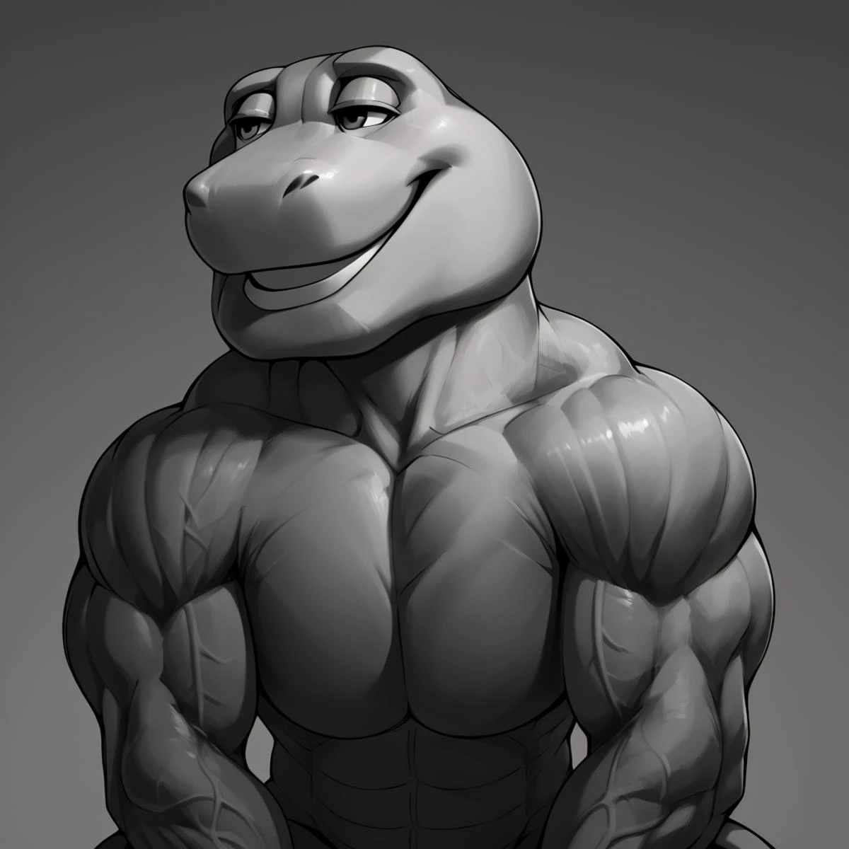 score_9, score_8_up, score_7_up, score_6_up, source_cartoon, BREAK, 1boy, barney the dinosaur, gigachad, black and white, smile, posing, chiseled jawline, muscular, 2D, sitting, looking away, upper body, leaning forward, broad pecs <lora:Barney_the_Dinosaur:1> <lora:gigachad:1>
