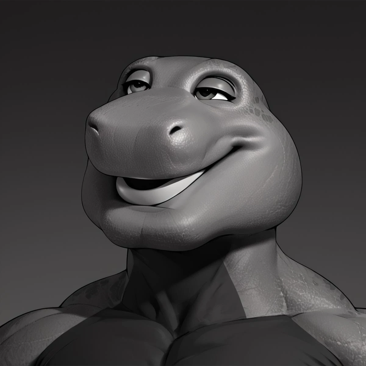 score_9, score_8_up, score_7_up, score_6_up, source_cartoon, BREAK, 1boy, barney the dinosaur, gigachad, black and white, smile, looking up, chiseled jawline, muscular, 2D <lora:Barney_the_Dinosaur:1> <lora:gigachad:1>