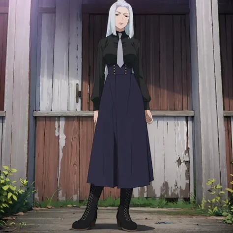 masterpiece,high quality,solo,
<lora:meimei2001:0.7>,
meimei2,1woman,
black shirt,necktie,
high-waist skirt,buttons,long skirt,
boots,