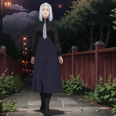 masterpiece,high quality,solo,night,
<lora:meimei2001:0.7>,
meimei2,1woman,
black shirt,necktie,
high-waist skirt,buttons,long skirt,
boots,