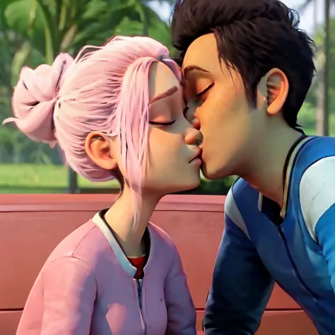 ((masterpiece,best quality)), absurdres, anime style, <lora:Kenji_Jurassic_Park:0.8>, Kenji Jurassic Park, 1boy, black hair, 1girl, closed eyes, pink hair, hetero, hair bun, makeup, single hair bun, kiss, <lora:Brooklynn_Jurassic_Park:0.5>, Brooklynn_Jurassic_Park,