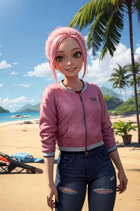 ((masterpiece,best quality)), absurdres,
<lora:Brooklynn_Jurassic_Park:0.5>, Brooklynn_Jurassic_Park, pink jacket, torn jeans,
solo, smiling, looking at viewer, cowboy shot,
tropical background, cinematic composition, dynamic pose,