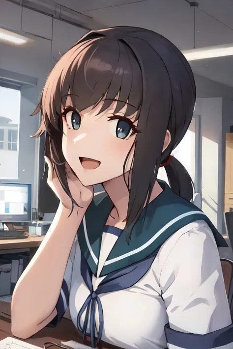 (masterpiece, best quality:1.4), (ultra-detailed:1.2), {illustration,picturesque}, {studio light, picturesque}, [best shadow],
(KonishiCSA)_(ShizumaCSA), (AlphaCDE:1.3)_(GammaCDE:1.15),
BREAK
(perfect anatomy), (symmetric eyes, ultra-detailed eyes, beautiful eyes), (sharp eyeliner, ultra-detailed face, beautiful face),
BREAK
nice hands, perfect hands, hand by Guido Daniele,
BREAK
1girl, solo,
BREAK
FubukiKC, (Fubuki) uniform, (white) serafuku, (turquoise blue) sailor collar, (blue) pleated skirt, (black) socks, shoes,
BREAK
looking at viewer, oblique portrait, upper body shot, smile, open mouth, (indoor, office, living room),
BREAK
<lyco:hands:1.0>, <lora:CSA-v0.2:0.45>, <lora:CSA-MLU:0.45>, <lora:CDE:0.55>,  <lora:Fubuki-10:1>