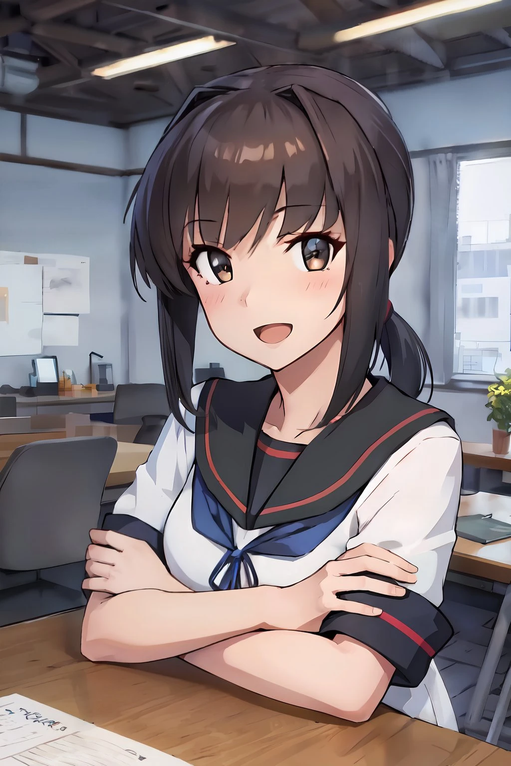 (masterpiece, best quality:1.4), (ultra-detailed:1.2), {illustration,picturesque}, {studio light, picturesque}, [best shadow],
(KonishiCSA)_(ShizumaCSA), (AlphaCDE:1.3)_(GammaCDE:1.15),
BREAK
(perfect anatomy), (symmetric eyes, ultra-detailed eyes, beautiful eyes), (sharp eyeliner, ultra-detailed face, beautiful face), (brown eyes),
BREAK
nice hands, perfect hands, hand by Guido Daniele,
BREAK
1girl, solo,
BREAK
FubukiKaiNiKC, (KaiNi) uniform, (white) serafuku, (black) sailor collar, (blue) neckerchief, (black) pleated skirt, (black) socks, shoes, 
BREAK
looking at viewer, oblique portrait, upper body shot, smile, open mouth, (indoor, office, living room), standing,
BREAK
<lyco:hands:1.0>, <lora:CSA-v0.2:0.45>, <lora:CSA-MLU:0.45>, <lora:CDE:0.55>,  <lora:Fubuki-10:1>