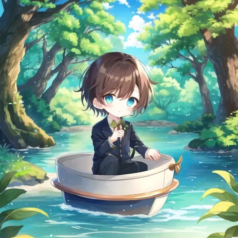 chibi, masterpiece, best quality, fantasy, forest, trees, sky, lake, bush, flower, 1boy, brown hair, aqua eyes, suit <lora:lora_m-concept_v0.1ep14:0.92>