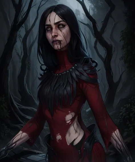 carmina,long hair,black eyes,facial mark,
torn clothes,red dress,
blood on clothes,
standing,upper body,
woods,night,black feathers,
(insanely detailed, beautiful detailed face,beautiful detailed eyes, masterpiece, best quality),solo,<lora:Artist:0.8>,