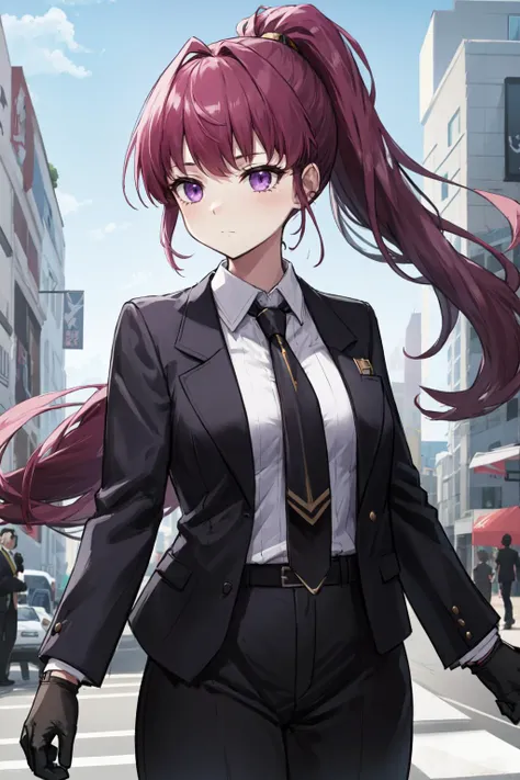 highres, highest quallity, 1girl, adult, solo_focus, solo, dolla \(nikke\), purple eyes, dolladef, suit, jacket, black gloves, black pants, necktie