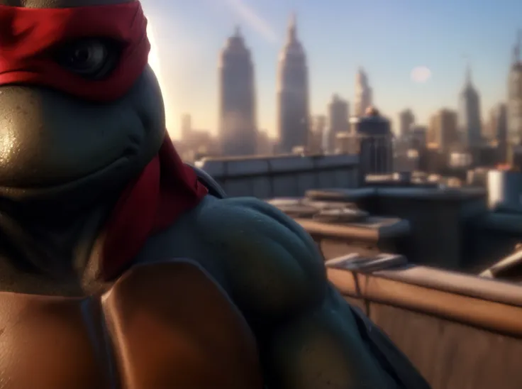 (cinematic:1.3), ((on a city rooftop, day, skyscrapers, city, daytime, sky, bokeh, realistic lighting, ray tracing, bloom:1.4)), ((close-up :1.3)), ((masterpiece, best quality, highres, absurdres)), a high resolution RAW photo of ((TMNTRaphael)), ((a teenage mutant ninja turtle, wearing red bandana mask with eye-holes)), <lora:TMNT_Turtles-10_v2:1> atmospheric, ((photorealism, photorealistic:1.4)), 8k, highly detailed, intricate detail
