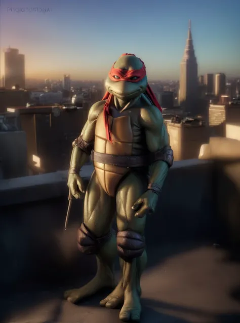 (cinematic:1.3), ((on a city rooftop, day, skyscrapers, city, daytime, sky, bokeh, realistic lighting, ray tracing, bloom:1.4)), ((full body shot :1.3)), ((masterpiece, best quality, highres, absurdres)), a high resolution RAW photo of ((TMNTRaphael)), ((a teenage mutant ninja turtle, wearing red bandana mask with eye-holes)), <lora:TMNT_Turtles-10_v2:1> atmospheric, ((photorealism, photorealistic:1.4)), 8k, highly detailed, intricate detail