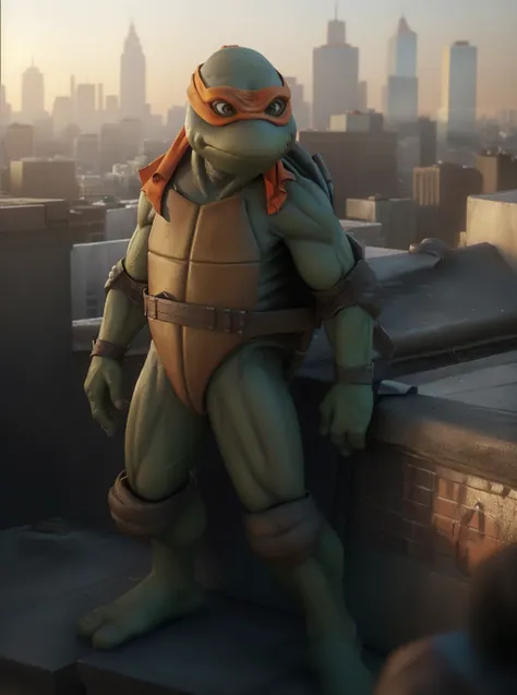 (cinematic:1.3), ((on a city rooftop, day, skyscrapers, city, daytime, sky, bokeh, realistic lighting, ray tracing, bloom:1.4)), ((full body shot :1.3)), ((masterpiece, best quality, highres, absurdres)), a high resolution RAW photo of ((TMNTMichelangelo)), ((a teenage mutant ninja turtle, wearing orange bandana mask with eye-holes, fight stance)), <lora:TMNT_Turtles-10_v2:1> atmospheric, ((photorealism, photorealistic:1.4)), 8k, highly detailed, intricate detail