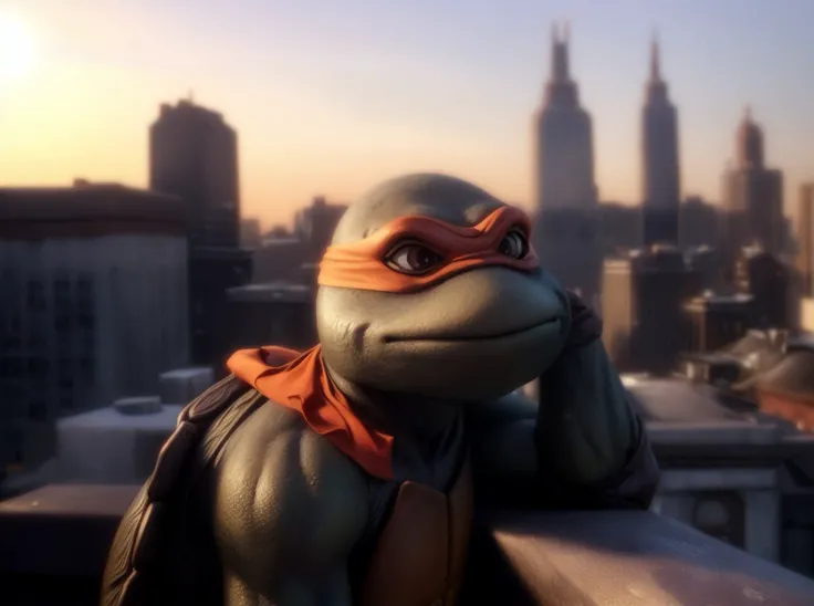 (cinematic:1.3), ((on a city rooftop, day, skyscrapers, city, daytime, sky, bokeh, realistic lighting, ray tracing, bloom:1.4)), ((close-up :1.3)), ((masterpiece, best quality, highres, absurdres)), a high resolution RAW photo of ((TMNTMichelangelo)), ((a teenage mutant ninja turtle, wearing orange bandana mask with eye-holes)), <lora:TMNT_Turtles-10_v2:1> atmospheric, ((photorealism, photorealistic:1.4)), 8k, highly detailed, intricate detail