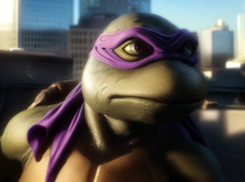 (cinematic:1.3), ((on a city rooftop, day, skyscrapers, city, daytime, sky, bokeh, realistic lighting, ray tracing, bloom:1.4)), ((close-up :1.3)), ((masterpiece, best quality, highres, absurdres)), a high resolution RAW photo of ((TMNTDonatello)), ((a teenage mutant ninja turtle, wearing purple bandana mask with eye-holes)), <lora:TMNT_Turtles-10_v2:1> atmospheric, ((photorealism, photorealistic:1.4)), 8k, highly detailed, intricate detail