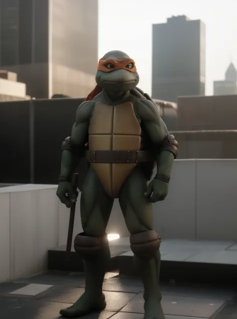 (cinematic:1.3), ((on a city rooftop, day, skyscrapers, city, daytime, sky, bokeh, realistic lighting, ray tracing, bloom:1.4)), ((full body shot :1.3)), ((masterpiece, best quality, highres, absurdres)), a high resolution RAW photo of ((TMNTMichelangelo)), ((a teenage mutant ninja turtle)), <lora:TMNT_Turtles-10_v2:1> atmospheric, ((photorealism, photorealistic:1.4)), 8k, highly detailed, intricate detail