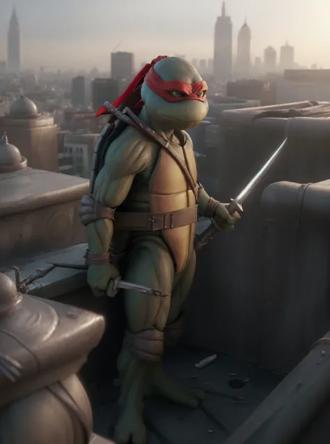 (cinematic:1.3), ((on a city rooftop, day, skyscrapers, city, daytime, sky, bokeh, realistic lighting, ray tracing, bloom:1.4)), ((full body shot :1.3)), ((masterpiece, best quality, highres, absurdres)), a high resolution RAW photo of ((TMNTRaphael)), ((a teenage mutant ninja turtle, wearing red bandana mask with eye-holes, holding sai dagger weapons)), <lora:TMNT_Turtles-10_v2:1> atmospheric, ((photorealism, photorealistic:1.4)), 8k, highly detailed, intricate detail
