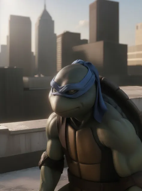 (cinematic:1.3), ((on a city rooftop, day, skyscrapers, city, daytime, sky, bokeh, realistic lighting, ray tracing, bloom:1.4)), ((upper body shot :1.3)), ((masterpiece, best quality, highres, absurdres)), a high resolution RAW photo of ((TMNTLeonardo)), ((a teenage mutant ninja turtle, wearing blue bandana mask with eye-holes)), <lora:TMNT_Turtles-10_v2:1> atmospheric, ((photorealism, photorealistic:1.4)), 8k, highly detailed, intricate detail