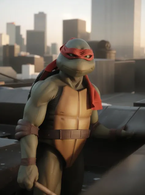 (cinematic:1.3), ((on a city rooftop, day, skyscrapers, city, daytime, sky, bokeh, realistic lighting, ray tracing, bloom:1.4)), ((full body shot :1.3)), ((masterpiece, best quality, highres, absurdres)), a high resolution RAW photo of ((TMNTRaphael)), ((a teenage mutant ninja turtle, wearing red bandana mask with eye-holes)), <lora:TMNT_Turtles-10_v2:1> atmospheric, ((photorealism, photorealistic:1.4)), 8k, highly detailed, intricate detail