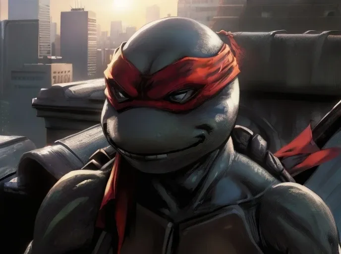 (cinematic:1.3), ((on a city rooftop, day, skyscrapers, city, daytime, sky, bokeh, realistic lighting, ray tracing, bloom:1.4)), ((close-up :1.3)), ((masterpiece, best quality, highres, absurdres)), a high resolution RAW photo of ((TMNTRaphael)), ((a teenage mutant ninja turtle, wearing red bandana mask with eye-holes)), <lora:TMNT_Turtles-10_v2:1> atmospheric, ((comic book art:1.4)), 8k, highly detailed, intricate detail