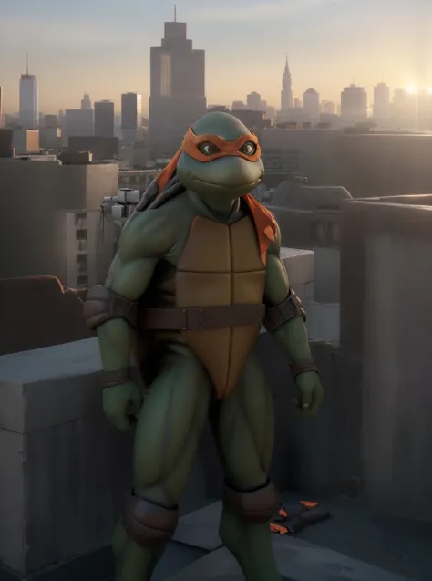 (cinematic:1.3), ((on a city rooftop, day, skyscrapers, city, daytime, sky, bokeh, realistic lighting, ray tracing, bloom:1.4)), ((full body shot :1.3)), ((masterpiece, best quality, highres, absurdres)), a high resolution RAW photo of ((TMNTMichelangelo)), ((a teenage mutant ninja turtle, wearing orange bandana mask with eye-holes)), <lora:TMNT_Turtles-10_v2:1> atmospheric, ((photorealism, photorealistic:1.4)), 8k, highly detailed, intricate detail