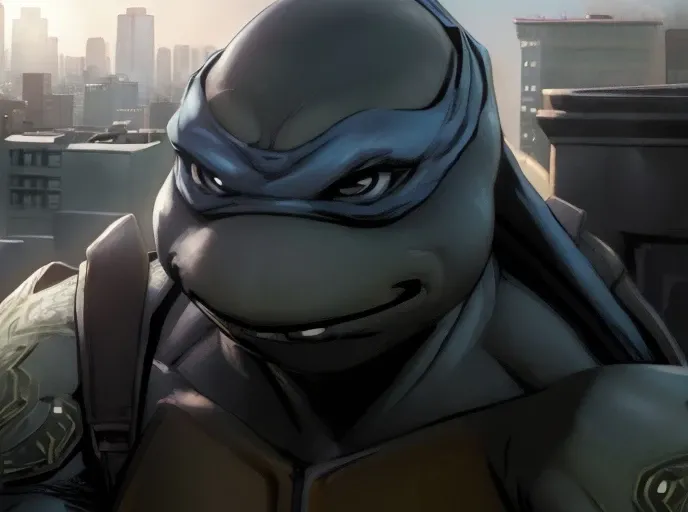 (cinematic:1.3), ((on a city rooftop, day, skyscrapers, city, daytime, sky, bokeh, realistic lighting, ray tracing, bloom:1.4)), ((close-up :1.3)), ((masterpiece, best quality, highres, absurdres)), a high resolution RAW photo of ((TMNTLeonardo)), ((a teenage mutant ninja turtle, wearing blue bandana mask with eye-holes)), <lora:TMNT_Turtles-10_v2:1> atmospheric, ((comic book art:1.4)), 8k, highly detailed, intricate detail