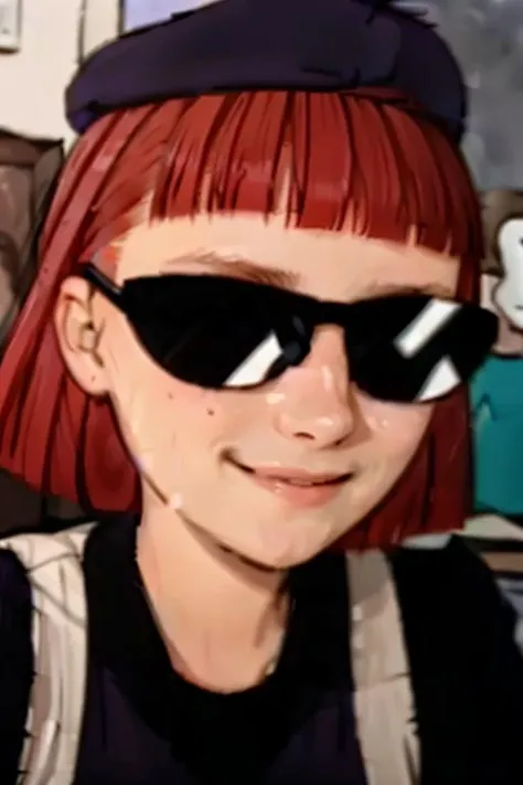 <lora:Judy Funnie V2:0.85> judy_funnie, red hair, sunglasses, shaved sides of head, purple beret, purple dress, black undershirt, indoors, smile, black stockings, day time, fcPortrait_Force_Portrait, portrait, close up, looking at viewer, portrait, close up,