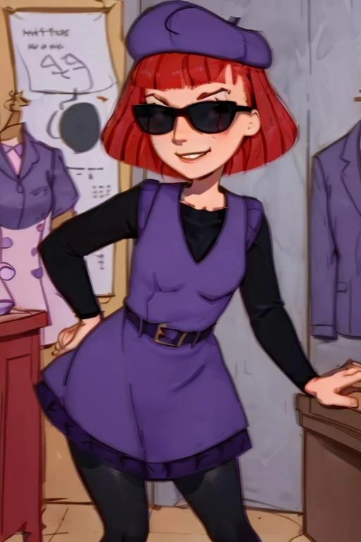 <lora:Judy Funnie V2:0.75> judy_funnie, red hair, sunglasses, shaved sides of head, purple beret, purple dress, black undershirt, indoors, smile, black stockings, day time