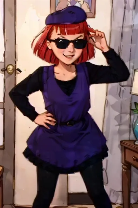 <lora:Judy Funnie V2:0.75> judy_funnie, red hair, sunglasses, shaved sides of head, purple beret, purple dress, black undershirt, long sleeves, indoors, smile, black stockings, day time
