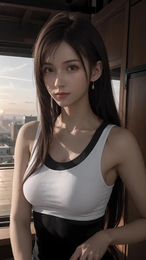 ((midynight, best qualtiy, 8k, tmasterpiece :1.3)), full bodyesbian, long leges, Sharp focus :1.2, A beautiful woman with a perfect figure :1.4, Slender abs :1.1, ((dark brown hair, gigantic cleavage breasts :1.2)), (white tight t-shirt, Leather trouser bib, lie on one's side:1.2), (nighttime scene, the roof:1.3)), Highly Detailed Face and Skin Textur, Fine Eye, 二重まぶた
