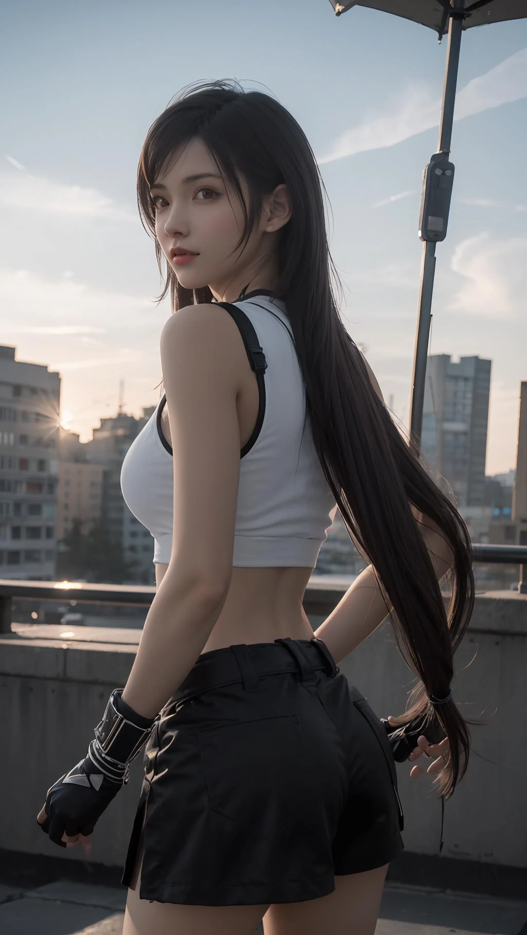 best quality,masterpiece,8k wallpaper,absurdres, highres, ultra detailed, (ung beautiful girl, solo:1.1),tifa lockhart \(cosplay\), outdoors,sunset, streamline,<lora:tifa_0.6&sakimichan_1:0.9> <lora:室å
设计 客å
å§å®¤ é¤å
é³å°:0.5>,