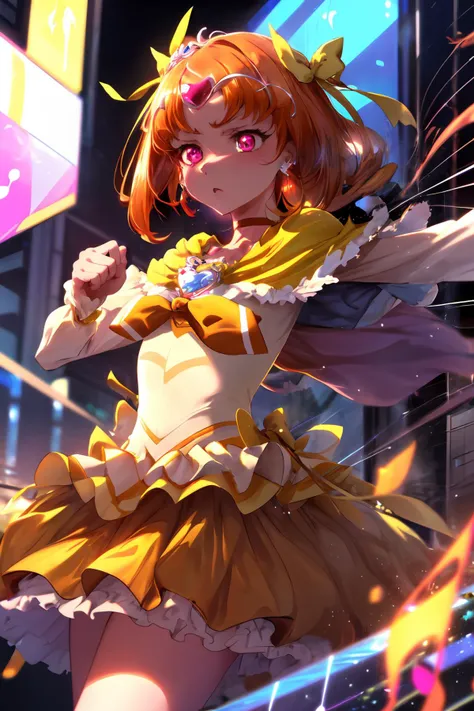 masterpiece,best quality,1girl,cure muse,orange hair,long hair,hair ribbon,yellow choker,jewelry,brooch,capelet,tiara,((glowing musical note)),(serious),fighting stance,action pose,incoming attack,punching,motion lines,motion blur,shockwave,cowboy shot,<lora:locon_cure_muse_01_block:0.9>,