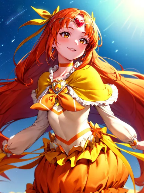 masterpiece, best quality, looking_at_viewer, depth_of_field, cowboy shot,
1girl, <lora:locon_cure_muse_01_release:0.9>, cure muse, orange hair, hair ribbon, yellow choker, jewelry, brooch, capelet, tiara,
smile, standing, gradient background,