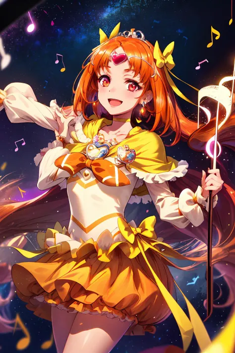masterpiece,best quality,1girl,cure muse,orange hair,long hair,hair ribbon,yellow choker,jewelry,brooch,capelet,tiara,smile,open mouth,floating in air,starry sky,glowing background,(((musical note,staff \(music\)))),cowboy shot,<lora:locon_cure_muse_01_block:0.9>,
