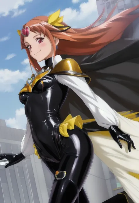 high resolution, masterpiece, high quality, promo art, <lora:CureMuse-Masked:.8> <lyco:locon_cure_muse_01_release:.9>, skyscraper rooftop, Cure Muse, ((black latex bodysuit)), white sleeves, black gloves, yellow ribbons, (((black cape))), brooch, (very long orange hair), twintails, cheerful smile, flat chest, jewelry