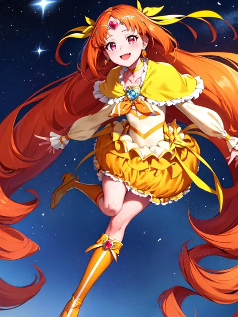masterpiece, best quality, looking_at_viewer, depth_of_field, full body, flying,
1girl, <lora:locon_cure_muse_01_release:0.9>, cure muse, orange hair, hair ribbon, yellow choker, jewelry, brooch, capelet, tiara, boots,
smile, standing, gradient background,
